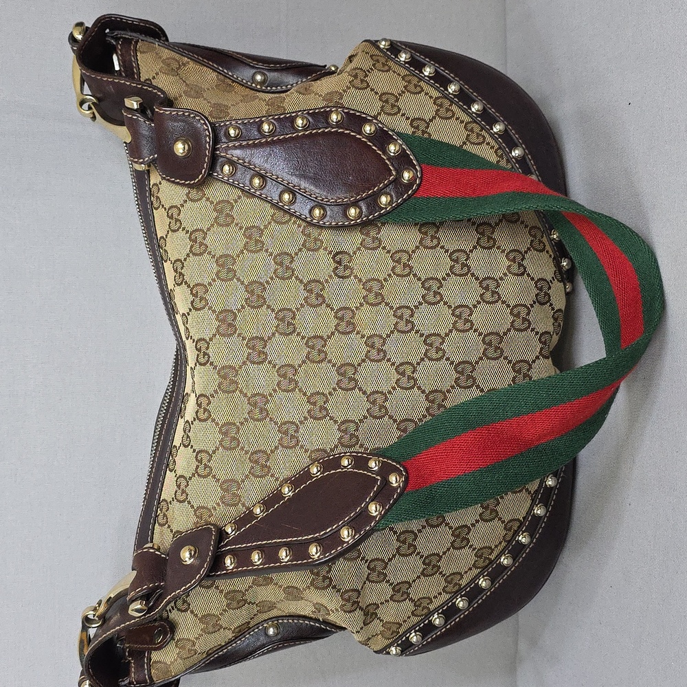Gucci Beige GG Canvas Shoulder Bag with Brown Leather & Green-Red Web Strap - Picture 2 of 16